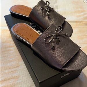 Coach Metallic Gunmetal Leather Slide Sandals